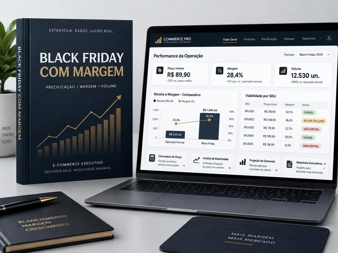 Kit Black Friday com Margem com e-book e simulador financeiro de preço, margem e volume